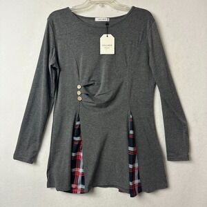 Cellabie Womens Gray Plaid Accent Long Sleeve Tunic Top Side Button Gathered NWT